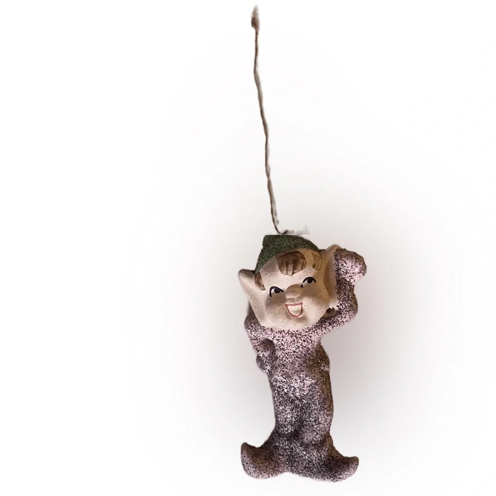 Vintage Christmas Ornament Pixie Elf Antique Japan Pink Mica Glitter 40’s 50’s